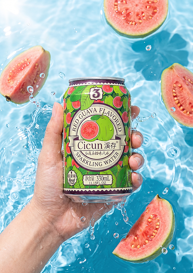 手拿着易拉罐饮料浸泡在清澈蓝色水波中，周围有飞溅的水花，罐子展示完整，文字图案清晰不被遮挡，周围搭配切开的红心番石榴鲜果，商业产品摄影，明亮清新夏日风格