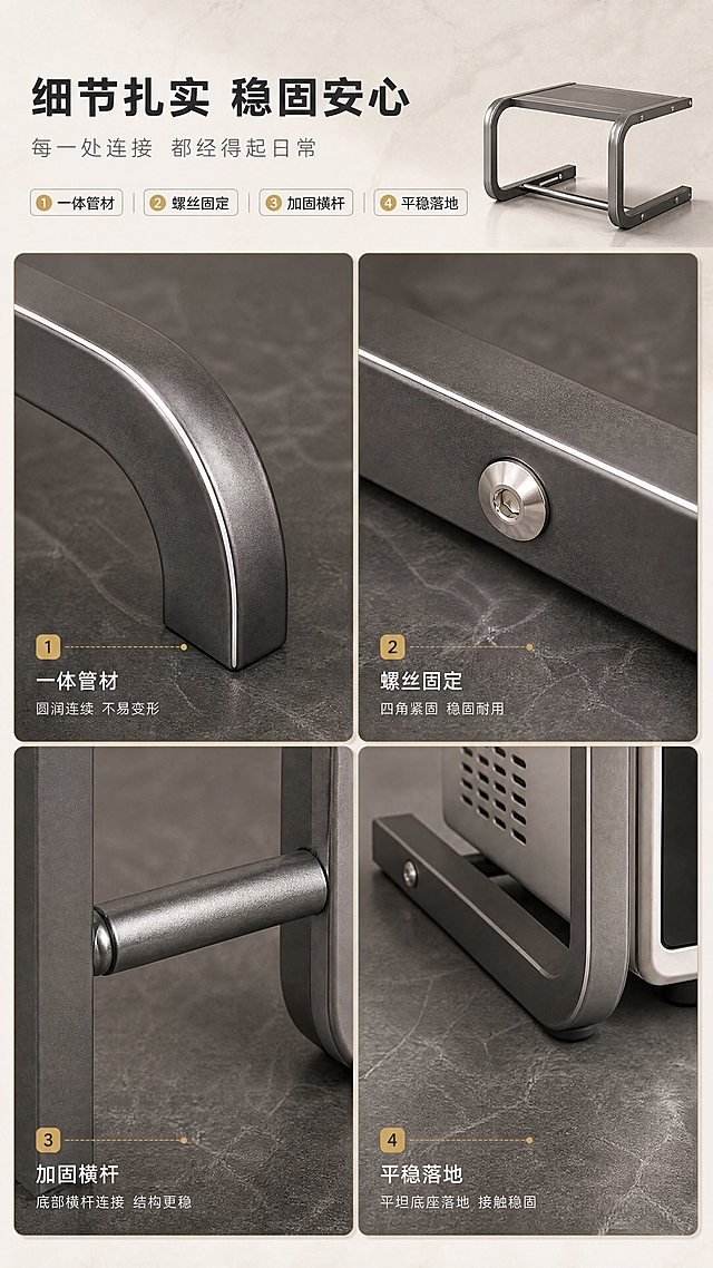 [商品] 使用【图5 https://gdesign-dam-hz.dancf.com/37944106616086682/274c7b6f816844fab6d29bce9be94fcd.jpg?x-oss-process=image/resize,l_3000,image/crop,w_3000,h_3000,g_center】枪灰色单层微波炉置物架；保留C形/U形圆角矩形管侧板、单层平板带凸起金属包边、四角银色螺丝、底部圆柱横杆、枪灰金属烤漆与银色抛光亮边。
[画面] 四宫格微距满铺型：2×2拼图，每格用香槟金细引线加编号小标签：左上管材连续弯折处「一体管材」、右上四角银色螺丝「螺丝固定」、左下底部圆柱横杆连接「加固横杆」、右下平坦底座落地「平稳落地」；右上角叠加整体产品小图作参照；背景深灰岩板暗调衬托金属质感，微距占画面80%，商业产品摄影。
[视觉] 套系策略：风格=高端家居杂志摄影；标题字=现代无衬线粗黑体；正文字=无衬线细体；主色=暖米白#F5F0E8；背景延展=暖米白到浅暖灰柔和渐变与细腻大理石微颗粒质感；强调色=香槟金#C0A062仅用于小面积图标引线标签；标题色=近黑#1F1F1F；正文色=中灰#6B6B6B；组件=极细线框标签、圆角浅底信息卡、细引线；光影=左前侧柔和影棚光窗光，暖调。
[文字] 主标题「细节扎实 稳固安心」，副标题「每一处连接 都经得起日常」，四格小标签横排，近黑与香槟金层级分明，不遮挡特写主体。
[规格] 9:16竖版，4K，负向：产品变形、错字、竖排文字、冷蓝灰背景、水印、平台Logo、人物、多余手指。