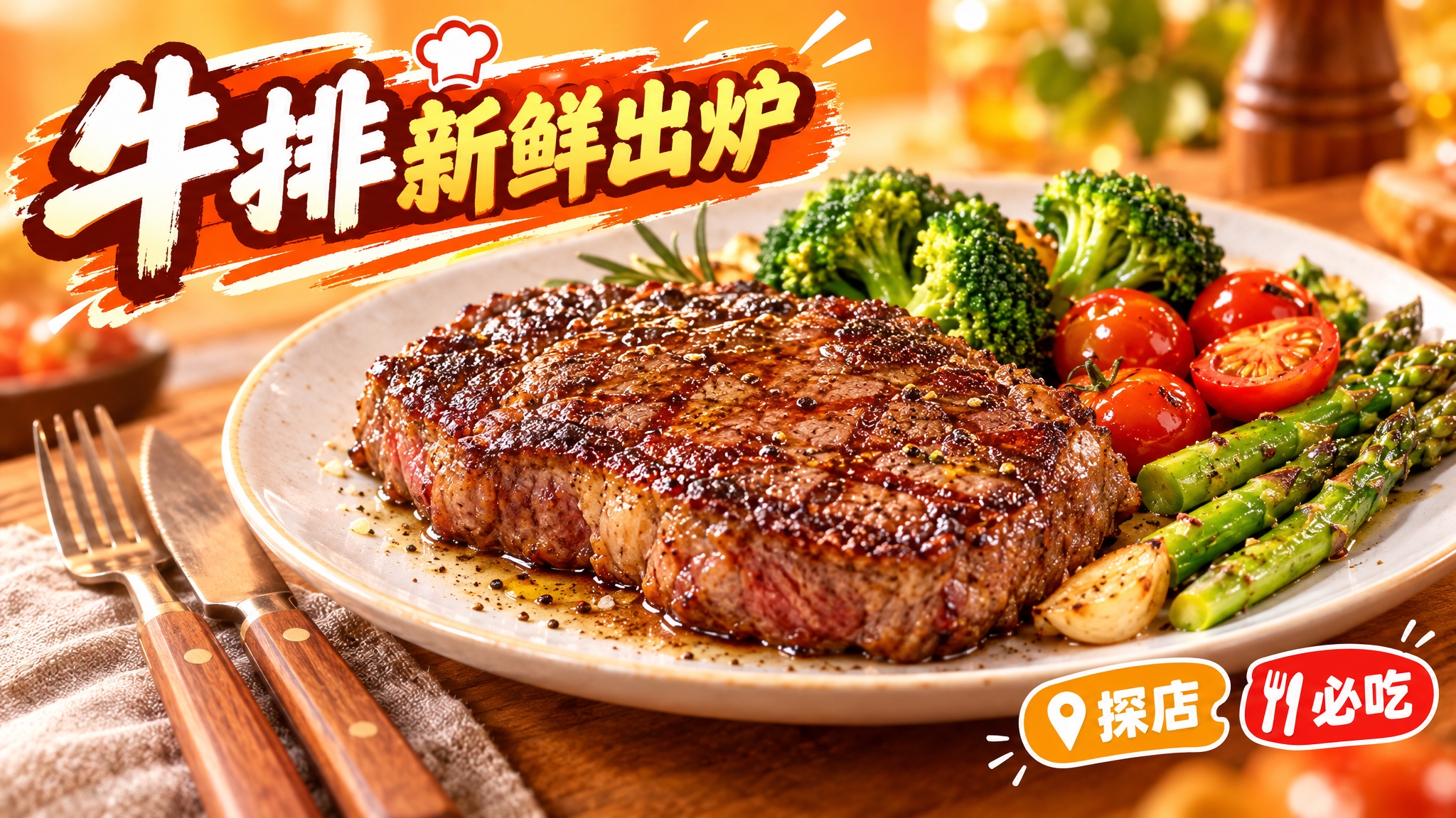 活力美食风格，暖橙色渐变背景，画面中心是一盘色泽诱人的煎牛排，… - 图片创意预览