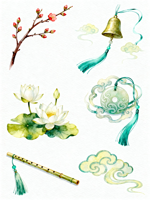 一组六个完全不同的古风元素水彩插画，保持统一的淡雅清新水彩风格，透明晕染笔触，柔和的黄绿色调与青绿色点缀，每个元素均带有飘逸的青色流苏装饰，整体构图简洁空灵，规整排布于纯白色背景上，六个元素分别为：1预览效果