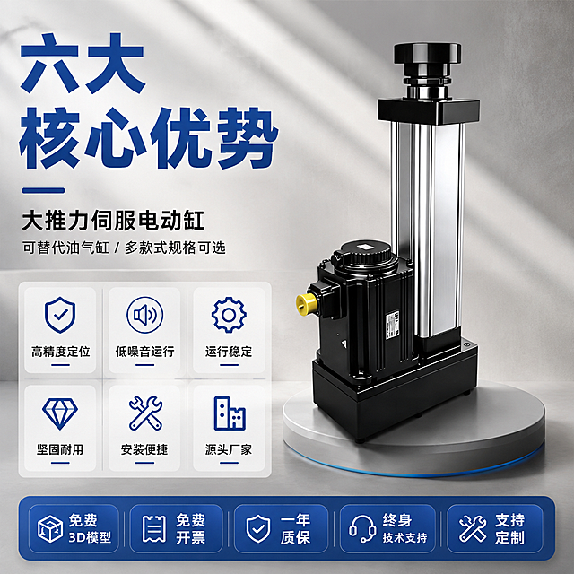 基于参考图的版式和文字内容，使用提供的伺服电动缸商品图，重新生成一张1:1比例的淘宝天猫电商主图。保留参考图中所有文字内容，改变背景颜色为米灰色简约工业风背景，文字和商品图位置重新排版优化，细节有明显变化，整体风格简洁专业、吸引眼球，突出六大核心优势卖点。