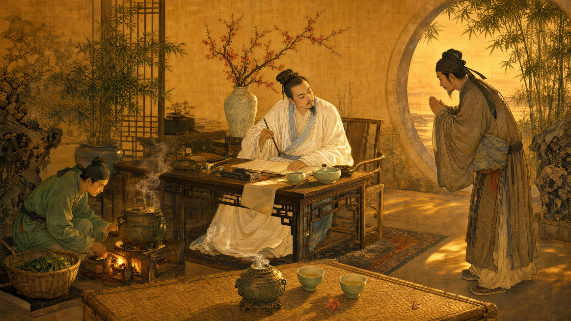 明代工笔重彩人物故事画，横轴长卷，暖琥珀金老绢底，色调#E8D5A0，石青石绿朱砂象牙紫檀棕矿物颜料，色彩饱和明亮，轮廓全用铁线描。主场景：黄昏文人雅集。左侧：穿苔藓绿袍的年轻男仆蹲在柴烧泥炉边，照看预览效果