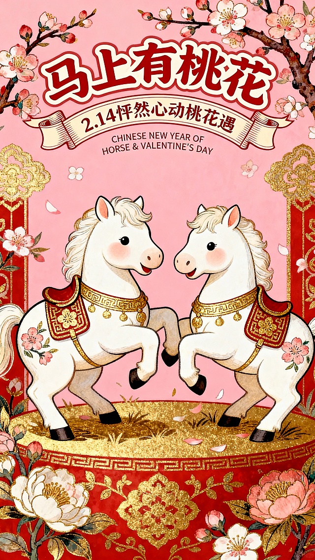 以2只胖嘟嘟的白色 唐代小马驹 玩耍的形象作为视觉中心（装饰桃花纹路的金纹和中式马鞍），强动态感构图，搭配桃花、花卉装饰元素。顶部结合桃花枝设计”马上有桃花“的弯曲变形字标题+卷轴样式线框的文案"2.14 怦然心动桃花遇，"底部设精致的小字 “CHINESE NEW YEAR OF HORSE & VALENTINE'S DAY" 。色彩以红、金为主，粉色背景。