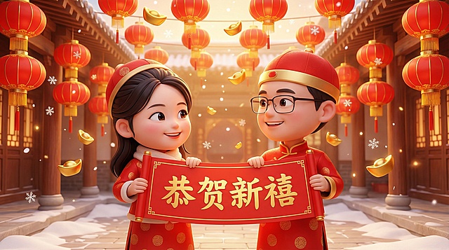 两个Q版卡通三头身人物并肩站立，左边是使用真实女性下属面部的角色，右边是使用真实男性下属面部的角色，都穿着喜庆的红色唐装，一起举着一副展开的红色对联，对联上写着“恭贺新禧”，两人侧身相视而笑，背景是中式庭院，挂满红灯笼，空中飘着金色的元宝和雪花，温馨喜庆，3D皮克斯风格，明亮色彩，红金配色