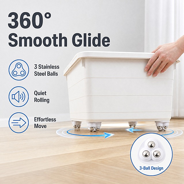 [主图-2] Self Adhesive Caster Wheels 3-Ball Design 核心功能卖点图，展示360°顺滑移动效果。
[统一基调] TikTok Shop跨境极简风，浅冷灰背景，深灰主标题字，白色产品主体，蓝色细线图标点缀，移动端大字易读，全套统一无衬线粗体英文字体。
[画面] 画面右侧主体：白色收纳箱底部安装了4颗三角款三珠万向轮，在浅木色地板上呈移动状态，一只欧美男性的手（仅手部入镜，肤色偏白，手指修长干净）轻推收纳箱侧面。左侧信息区：顶部大标题 "360° Smooth Glide"，下方三条短卖点配简约线条图标竖排：① "3 Stainless Steel Balls" 配三珠图标 ② "Quiet Rolling" 配静音波纹图标 ③ "Effortless Move" 配箭头移动图标。右下角圆形局部放大小窗，特写三颗钢珠的三角分布结构，小窗内标注 "3-Ball Design"。产品外观与输入图一致：三角白色底座 + 三颗亮面不锈钢滚珠。
[光影质感] 柔和自然光+影棚补光，木色地板有真实倒影，产品融入场景自然，金属钢珠高光清晰，无悬浮感。
[配色] 浅冷灰背景主色，木色地板环境色，深灰文字，蓝色图标点缀。
[文字版式] 左文右图布局，主标题最大号粗体，卖点文字缩小50%以上，图标+文字左对齐。所有文字为英文，移动端清晰可读。
[输出要求] 比例1:1，文字清晰可读，产品清晰，无变形，无错字，无水印，无平台Logo，无中文。