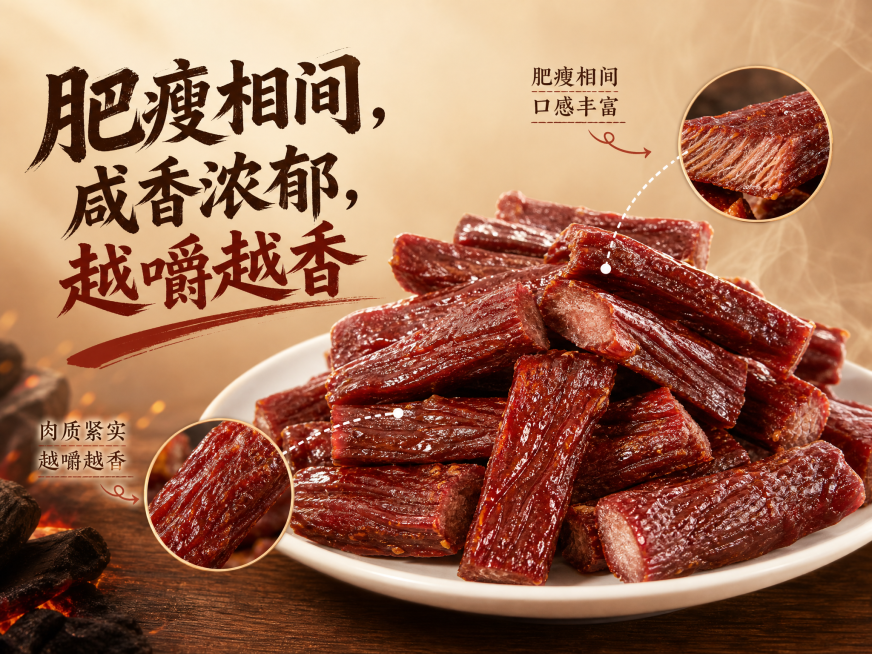 4:3比例抖音来客电商商品辅助图，信息图风格，暖调炭火美食风，干净高级背景，展示牛肉干并标注文字「肥瘦相间，咸香浓郁，越嚼越香」突出口感卖点，整体色调统一，无杂乱背景预览效果