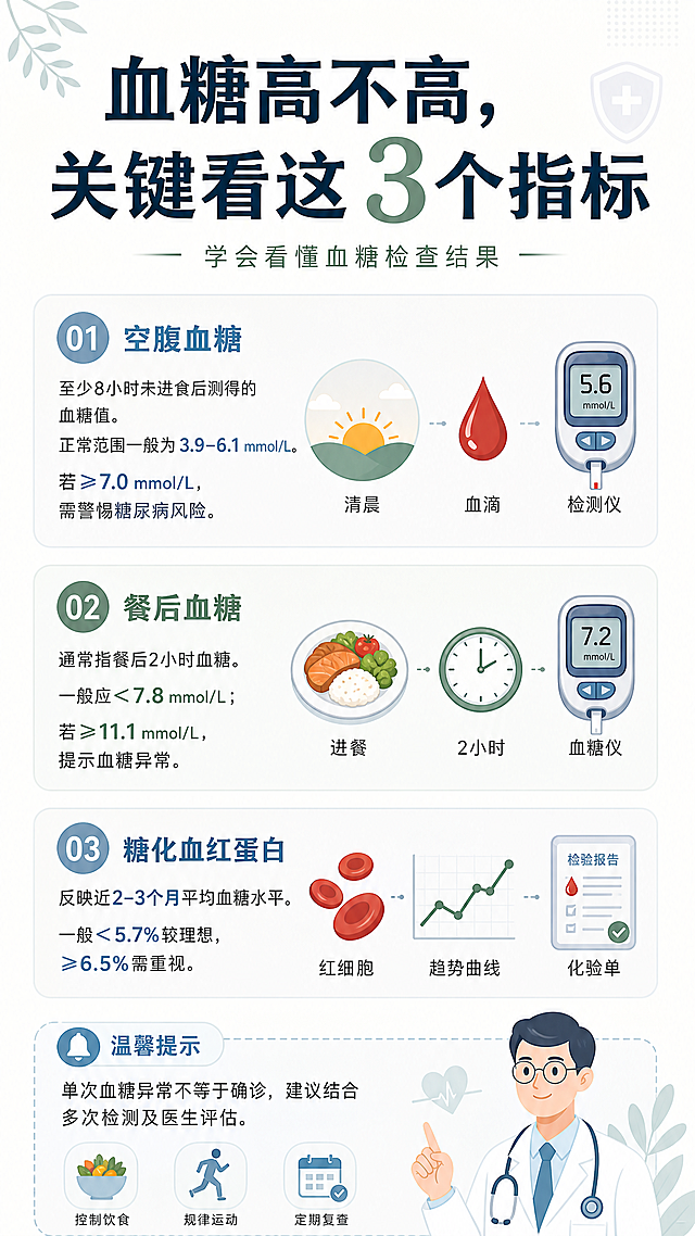 生成医疗科普图文海报，主题为"血糖高不高，关键看这3个指标"，包含空腹血糖、餐后血糖、糖化血红蛋白三个指标的科普内容，风格为极简北欧风，干净简约，竖版排版，高清配图