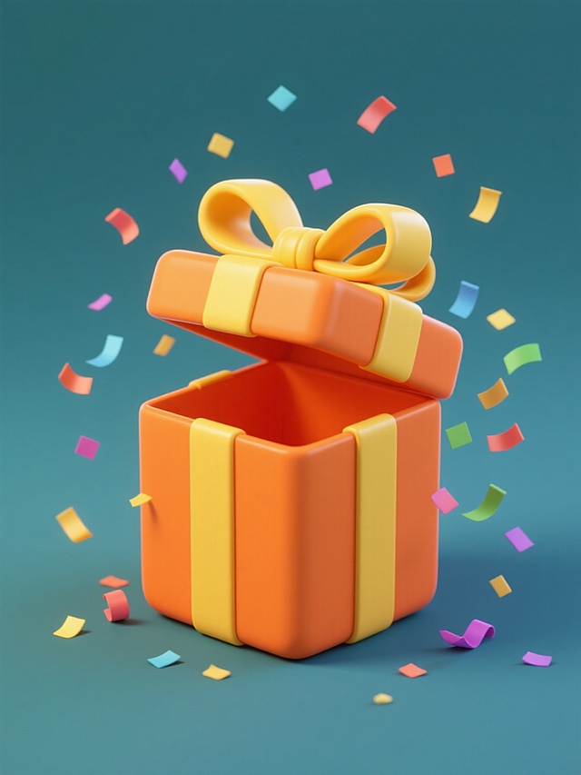 一个橙色方形礼盒，盒盖向上打开，顶部系着黄色蝴蝶结，周围有彩色飘带和纸屑散开，呈现欢快氛围，圆润的3D立体造型，色彩明快，纯色背景，简约现代风格