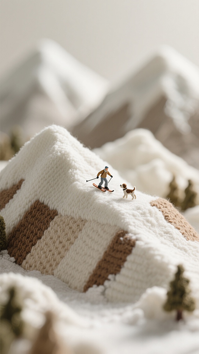 移轴摄影风格的微观世界微缩场景，连绵的山脉由针织面料制成，呈现低饱和白色和浅咖色拼接纹理，山脉上有小小的人在滑雪，旁边跟着一只小小的狗，整体画面聚焦于微缩景观，营造出逼真的缩小世界感，细节丰富，色彩柔和