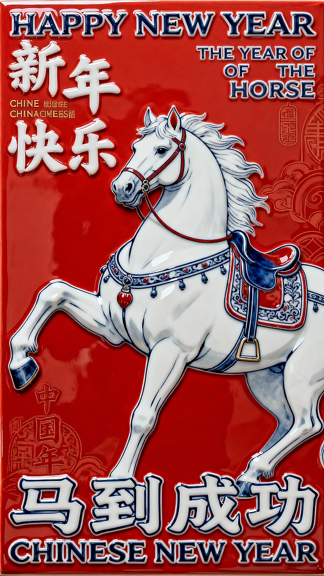 这张图片是一张马年中国新年（春节）贺图，融合了传统元素与节日祝福，可从以下几个维度解读： 主题与文化背景 它以中国农历马年为主题，结合 “马到成功” 的吉祥寓意，传递春节的喜庆祝福，同时通过中英双语呈现，兼具文化传播属性。 视觉元素解析 马的形象：一匹姿态昂扬的白色骏马，造型富有活力，象征着奋进、成功。在中国文化中，“马” 寓意事业顺遂，“马到成功” 是经典吉祥语，表达对新一年事事顺利、开篇得胜的期许。 色彩与风格：以红色为主色调，契合春节 “喜庆、吉祥” 的文化内涵；画面风格偏向国风插画，线条精致，细节处（如马的鞍具装饰）体现传统美学。 文字信息： 中英双语祝福：“HAPPY NEW YEAR”“新年快乐” 传递新年问候；“THE YEAR OF THE HORSE” 明确年份属性；“中国年 CHINESE NEW YEAR” 凸显文化背景。 核心吉祥语：“马到成功” 直接点题，将 “马” 的意象与新年祈愿结合，是画面的精神内核。 整体而言，这张图通过 “马” 的传统意象、红色的喜庆色彩和双语祝福，打造出兼具文化韵味与国际传播力的新年贺图，既表达了对马年新春 “事事顺遂、马到成功” 的美好祈愿，也展现了中国春节文化的独特魅力。