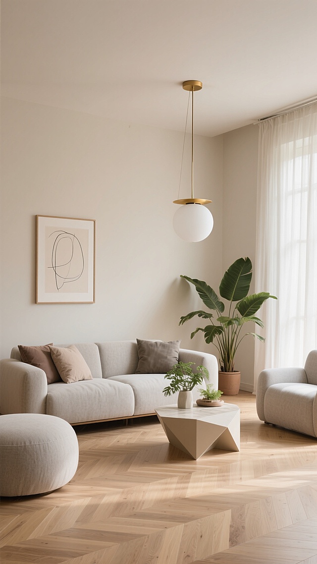 极简主义风格室内背景，柔和的暖米色墙面与浅木色人字拼地板，自然光透过轻薄纱帘洒入形成柔和光影，顶部悬挂金色金属支架白色球形吊灯，墙面装饰简约线条艺术挂画，摆放不同造型的浅灰色布艺沙发搭配莫兰迪色系靠垫，低矮几何形状茶几上放置绿植装饰，角落处大型热带植物增添生机，整体空间呈现干净利落的线条感与舒适宁静的氛围，采用与原图不同的摆设布置、内容、配色和风格设计。