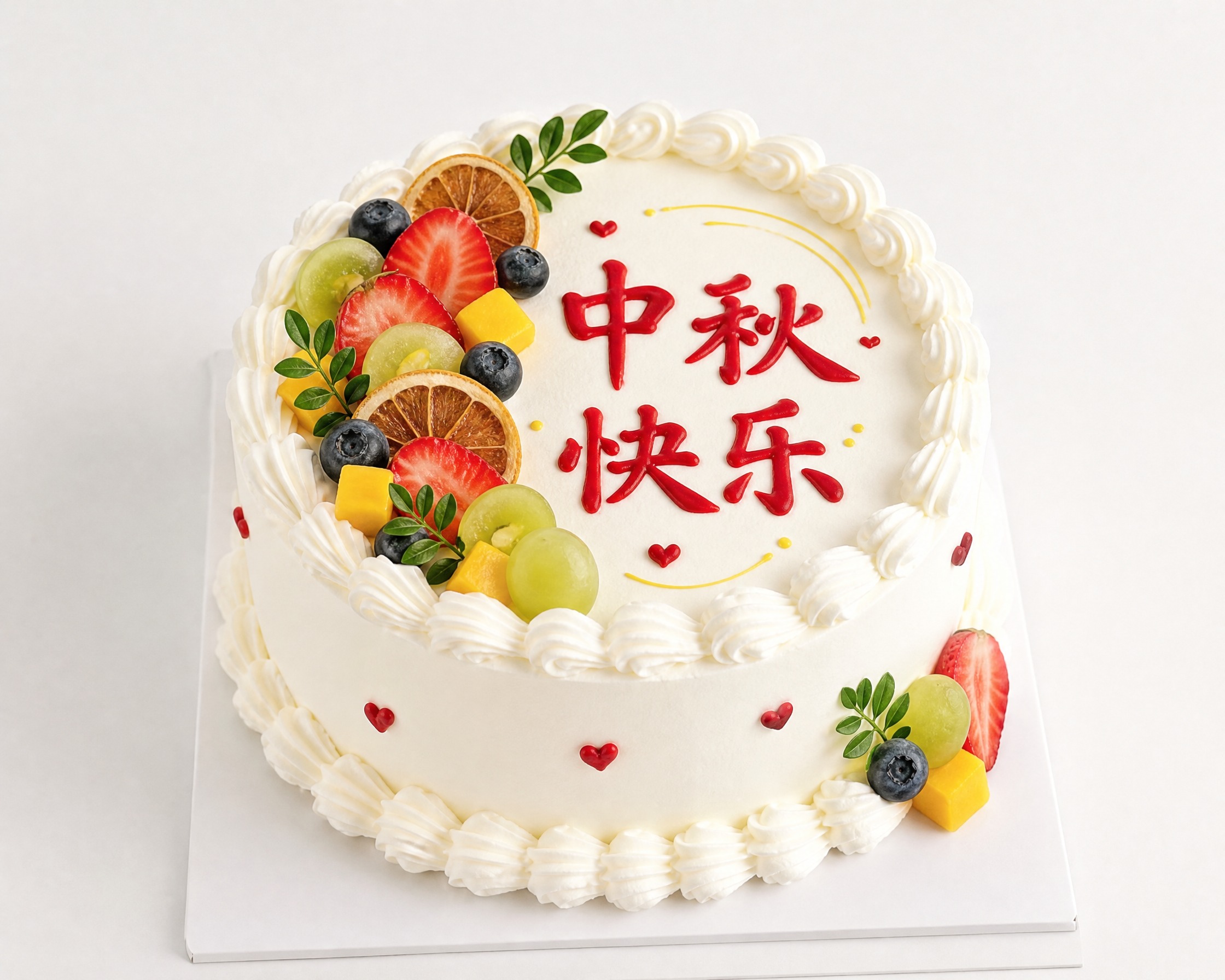 基于参考图的蛋糕款式，生成中秋节主题的水果奶油蛋糕，整体款式与… - 图片创意预览