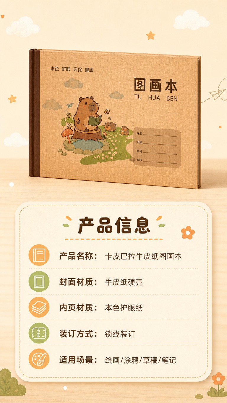[商品] 使用【图1】卡皮巴拉图案牛皮纸封面图画本；保留产品全… - 图片创意预览
