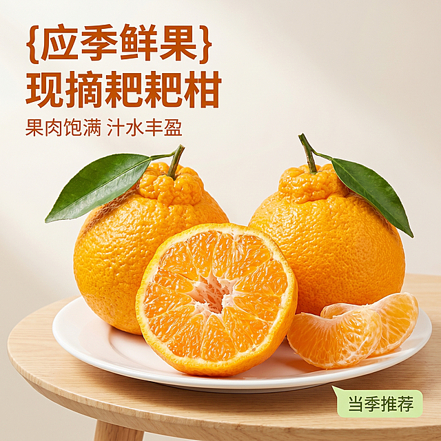 [主图 1] 新鲜耙耙柑水果首图展示；[氛围风格]清新自然生鲜风格，真实新鲜有食欲；[画质]商业摄影质感、光线柔和通透、产品清晰真实、画面干净高级。[元素]输入图中的两颗完整耙耙柑和半颗切开的耙耙柑，带新鲜绿叶，放置在浅色木质桌面的白色盘子上，果皮剥开的果肉瓣摆在侧边，保持产品外观物理结构、材质质感、颜色和原图一致，杜绝变形和色差，精细化处理。商品主体占比约70%，满屏无边框。背景为浅米色渐变，干净清爽突出水果；[光影]自然光从左侧而来，整体柔光，果肉反光体现水润多汁，果皮高光突出新鲜感，阴影柔和不生硬；[配色]主色调是耙耙柑自然橙黄色，搭配背景浅米色，绿叶清新绿色点缀，整体干净明快；[视角构图]平视视角，景深适中，主体清晰完整不裁切，前景中景背景层次分明；[文字版式]左上角负空间左对齐留安全边距，主标题“{应季鲜果} 现摘耙耙柑”深橙色大号粗体无衬线字体，副标题“果肉饱满 汁水丰盈”小号同色；右下角加一个浅绿色小标签“当季推荐”；[比例分辨率]1:1 比例，2k 分辨率，文字清晰可辨，超高清；[负向提示词]变形，水印，文字错乱，产品图模糊，背景杂乱，牛皮癣，配色刺眼，遮挡主体