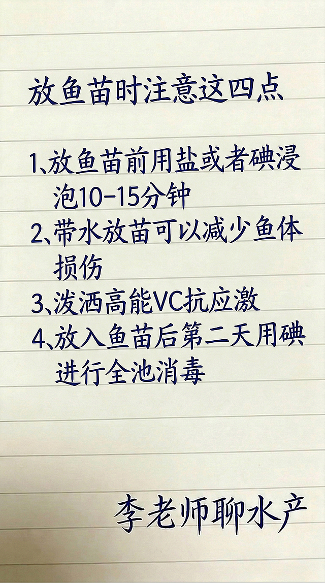 参考原图的手写蓝色字体、横线米黄色笔记本背景、排版布局，将文字内容替换为：标题'放鱼苗时注意这四点'，下面依次是：1. 放鱼苗前用盐或者碘浸泡10-15分钟 2. 带水放苗可以减少鱼体损伤 3. 泼洒高能VC抗应激 4. 放入鱼苗后第二天用碘进行全池消毒，右下角保留落款'李老师聊水产'，文字一字不差，排版布局和原图一致