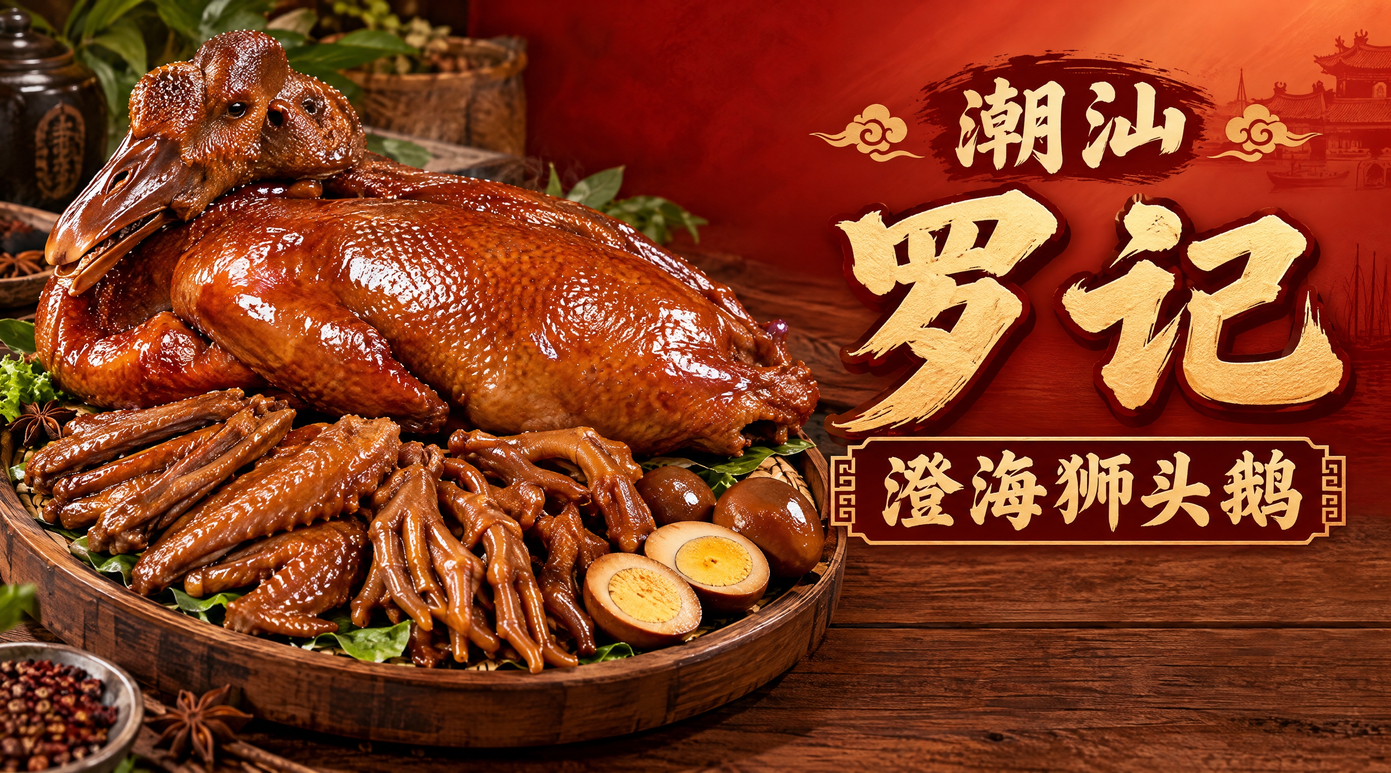 潮汕卤鹅店店招设计，店名"潮汕罗记澄海狮头鹅"，画面左侧是一只… - 图片创意预览