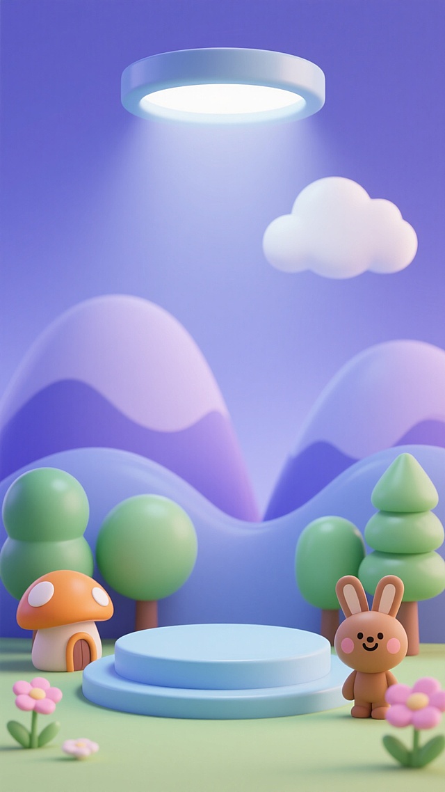 3D渲染的卡通风格儿童场景，整体色调变换为宁静的蓝紫色调，柔和的漫射光源从上方照射，营造温馨梦幻氛围。画面中央是一个圆形浅蓝色展台，周围环绕着造型圆润的绿色树木、橙色蘑菇屋、粉色小花和一只微笑的棕色卡通兔子。背景是起伏的蓝紫色山丘和一朵白色云朵，所有元素边缘光滑，带有轻微的渐变和反光质感，构图采用中心对称布局，视觉焦点集中在展台，整体呈现出可爱、治愈的儿童插画风格。