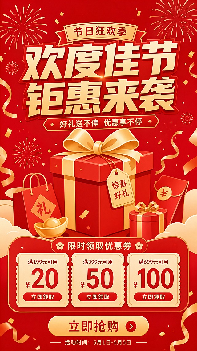 节日促销海报，竖版，红色金色配色，喜庆风格。画面上方大标题，中间礼盒包裹，下方优惠券卡片和按钮，背景有烟花彩带装饰，扁平插画风格