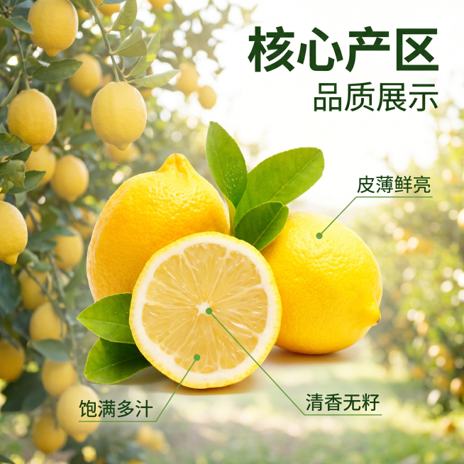 [主图 2] 柠檬核心产区品质展示。氛围风格：自然清新真实果园氛围，生鲜电商摄影风格。画质：商业摄影质感，光线柔和通透，产品清晰真实，画面干净高级。元素：保持柠檬外观（物理结构、材质质感、颜色）与输入预览效果