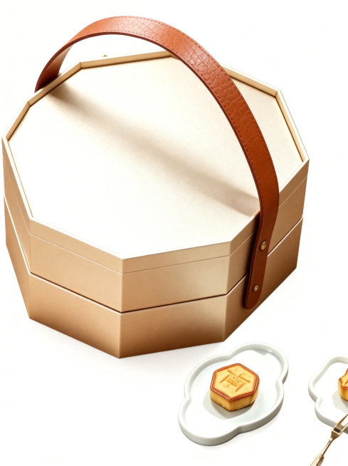 修复八角形礼盒细节，极致突出材质质感，清晰展现皮革提手的纹理，还原提手上金属铆钉的质感与做工。保持产品八角形盒盖造型不变，调整光线使其干净明亮，清除所有多余元素、使用痕迹、褶皱与瑕疵，让产品看起来崭新预览效果