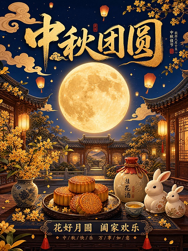 中秋节海报，画面中央是一轮硕大明亮的满月，月光洒在古色古香的中式庭院，庭院里摆放着月饼、桂花酒和玉兔摆件，远处有孔明灯缓缓升空，天空中飘着几朵祥云，整体色调以暖金色和深蓝色为主，营造出温馨团圆的节日氛围，画面上方有醒目的艺术字标题"中秋团圆"，下方配有"花好月圆 阖家欢乐"的祝福语，传统国风插画风格，精致细腻，构图饱满