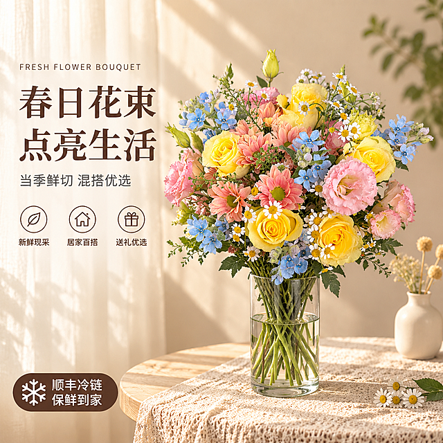 [单张主图] 混搭鲜花花束电商主图，高级氛围感路线，1:1淘宝/天猫主图，核心任务是将产品图中的鲜花完整插入透明玻璃花瓶中，呈现居家插花成品效果，同时传递花材丰富、配色治愈、适合居家装饰的品质感。

[参考比对] 参考图为暖调居家场景鲜花主图，版式为左文右物，左侧上下排布英文小标、中文大标题两行、副文案、三个圆形图标卖点，底部左下角有深色圆角服务信息条；右侧为透明玻璃花瓶插花主体，置于白色蕾丝桌布圆桌上，背景是浅绿窗帘、木椅、装饰画和绿植，午后暖光斜射。本次生成保留暖调自然光和居家氛围的色调光影风格，差异化：构图改为左文右物但文字区更紧凑、产品主体更居中偏右；花瓶改为直筒透明玻璃花瓶而非参考图的宽口款；花材严格使用产品图中的黄玫瑰、粉洋桔梗、粉非洲菊、蓝星花、洋甘菊组合，不使用参考图中的橙玫瑰和白色大花；场景道具替换为米色针织桌布、原木小圆桌、右侧陶瓷小花瓶和干花装饰，背景为米白纱帘+浅米色墙面，不使用参考图的木椅和画框；文案全部重新撰写，不照搬参考图文字。

[画面主体] 画面右侧及中部为透明直筒玻璃花瓶，瓶中插满产品图同款鲜花花束，花材包含明黄色玫瑰、粉色波浪边洋桔梗、珊瑚粉色非洲菊、天蓝色蓝星花、白色小洋甘菊，以及绿色花苞和配叶，花型饱满蓬松、层次丰富，与产品图外观、颜色、花材种类、比例完全一致。花瓶为高透直筒玻璃材质，内装约三分之二清水，可见绿色花茎在水中的自然形态，瓶身有柔和高光和环境反光。花束主体占画面约55%-60%，完整不裁切，底部接触桌面，无悬浮感。

[构图版式] 采用「左文右物场景型」高级氛围感版式。左侧约35%区域为文字信息区，纵向排布：顶部英文小标、主标题两行、副文案一行、三个线稿图标卖点；右下角留出自然空白。右侧约65%为花瓶花束主体，置于画面中右偏下位置，底部落在桌面上。左下角放置深色圆角服务信息条，不遮挡花束主体。整体留白充足，信息层级清晰。

[场景元素] 背景为浅米色肌理墙面，左侧悬挂半透米白色纱帘，午后暖金色自然光从左上方斜射进入，在墙面和桌面形成柔和光斑与纱帘纹理投影。桌面为浅原木色小圆桌，铺有米色针织镂空桌布，桌布有自然褶皱和肌理。花束右后方点缀一个奶白色哑光陶瓷小花瓶，插两支浅黄干花作为陪衬，体量远小于主花瓶。桌面右前方散落两三片洋甘菊小白花和一片绿叶作为前景装饰，增加层次。背景远处有轻微虚化的绿植叶片，营造景深。整体为温馨治愈的居家客厅或餐厅角落场景。

[文案版式] 所有文字放在左侧留白区域，不遮挡花束。左上英文小标：FRESH FLOWER BOUQUET，浅棕色细无衬线字体，字号小。其下主标题两行，深棕色粗宋体：第一行「春日花束」，第二行「点亮生活」，字号最大，两行左对齐。主标题下方副文案一行，灰棕色常规字重：「当季鲜切 混搭优选」。副文案下方三个圆形线稿图标卖点，横向等距排列，每个图标上方为细线图标，下方为两字说明：第一个叶子图标配「新鲜现采」，第二个房子图标配「居家百搭」，第三个礼物图标配「送礼优选」，图标和文字均为深棕色。左下角深棕色圆角矩形信息条，内有白色雪花图标和两行白色文字：「顺丰冷链 保鲜到家」，文字清晰醒目。

[光影质感] 主光源为左上方午后暖金色自然光，光线柔和弥散，在花瓣上形成自然高光过渡，黄玫瑰花瓣有通透感，粉洋桔梗波浪边呈现柔和明暗交界。玻璃花瓶有清晰的环境反光和高光条，水面有微弱折射效果。花束在桌面上投下柔和向右下方的阴影，阴影边缘虚化。整体为柔光浅景深效果，背景和前景轻微虚化，主体花束清晰锐利，花瓣纹理、叶片脉络、洋甘菊黄色花蕊均细节可见。色调温暖明亮，对比度适中，高级静物摄影质感。

[配色字体] 主色调为暖米白+浅木色+暖金色光线；辅助色从花束中提取：明黄色、珊瑚粉色、天蓝色作为点缀色；文字主色为深棕色，副文案为灰棕色，服务条为深棕底白字。字体：主标题用粗宋体，副文案和图标说明用细无衬线体，英文用同风格细无衬线，服务信息用中等字重无衬线体。字号层级：主标题 > 服务条文字 > 副文案 > 图标说明 > 英文小标。

[比例分辨率] 图片比例1:1，2K分辨率，2048x2048像素，文字清晰可辨，花束主体锐利。

[负向提示词] 花材变形、花瓣残缺、花朵颜色与产品图不符、花瓶扭曲、玻璃材质失真、水面穿模、花茎错乱、悬浮感、阴影生硬、文字错字、糊字、水印、平台Logo、二维码、杂乱背景、多余人物、手部、过度锐化、HDR感过重、塑料假花质感、花束被文字遮挡。