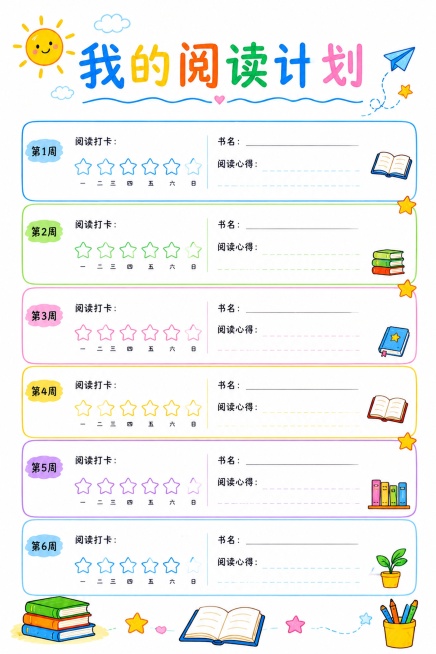 三年级小学生阅读计划表内页，马克笔手绘风格，白底，标题是"我的阅读计划"，分区设计每周阅读打卡区域，预留书名、阅读心得空白填写区，搭配简约书籍、星星小插画，版式清晰工整，适合手写记录，马克笔手绘风格，预览效果