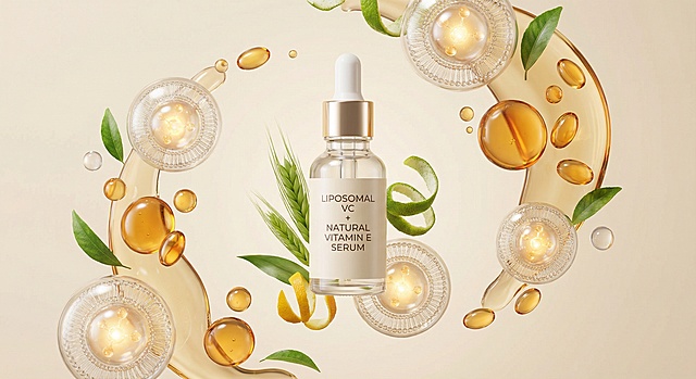 添加纯色背景，在产品周围环绕脂质体VC和天然维生素E元素，整体和谐，元素比例协同