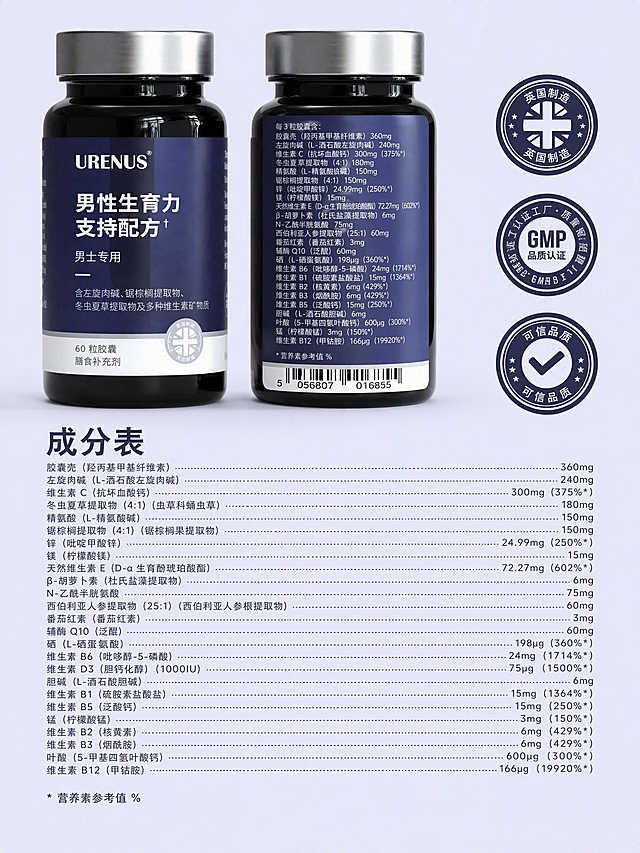 电商详情页成分详情与品质认证页。本张使用【图6】作为参考版式，【图2】作为产品瓶身参考，将所有英文翻译成中文重新排版。上方展示产品瓶身正背两面，右侧竖排3个圆形认证徽章：「英国制造」「GMP品质认证」「可信品质」。下方为完整成分表，标题「成分表」，详细列出胶囊壳、左旋肉碱、维生素C、冬虫夏草提取物、精氨酸、锯棕榈提取物、锌、镁、维生素E、β-胡萝卜素、N-乙酰半胱氨酸、西伯利亚人参、番茄红素、辅酶Q10、硒、维生素B6/B1/B2/B3/B5/B12、维生素D3、胆碱、叶酸、锰等成分及含量。浅紫蓝背景，专业严谨风格，中文排版，文字清晰可读。产品瓶身结构与原图一致。