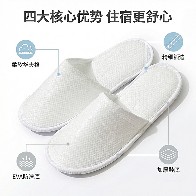 [垫图]用户上传的一次性酒店拖鞋图片
[主图主题]一次性酒店拖鞋核心卖点展示
[氛围/风格]简洁明亮，突出功能优势
[画面元素]拖鞋居中放置在纯白色背景上，周围悬浮四个卖点图标，细引线分别连接到拖鞋对应部位：连接鞋面的图标对应柔软亲肤，连接鞋底的图标对应防滑耐磨，连接鞋边的图标对应精细包边，连接整体的图标对应加厚设计，光影均匀，产品清晰完整，背景铺满全屏无边框。
[配色色系]主色调：白色；辅助色：浅蓝、浅灰，清新干净
[视角构图]俯视角度，产品主体占比55%，焦点清晰
[文字版式]顶部大标题“四大核心优势 住宿更舒心”，四个卖点旁分别标注对应文字“柔软华夫格”、“EVA防滑底”、“精细锁边”、“加厚鞋底”，字体为无衬线黑体，深灰色，文字悬浮于背景，无遮挡
[比例分辨率]1:1比例，2k分辨率