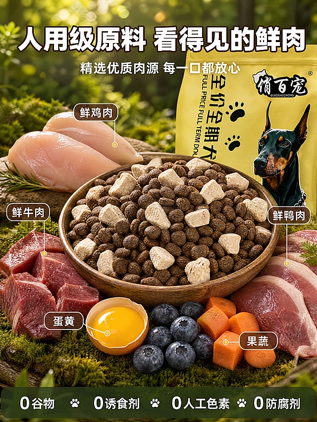 [第3张] 原料真材实料-俏百宠全价全期犬粮鲜肉食材展示。本张使用【图2】黄色包装袋作为品牌锚点。
[氛围/风格] 森林自然清新风，真实食材质感，诱人高级。
[元素布局] 画面中央一大碗深褐色带白色鸡肉绒纤维的狗粮颗粒，颗粒饱满表面绒霜感清晰，碗中散落多块奶白色冻干鸡肉块。碗周围一圈摆放真实鲜肉原料：上方新鲜鸡胸肉、左侧牛肉块、右侧鸭胸肉、下方蛋黄+蓝莓+胡萝卜小块，食材新鲜有光泽。碗后方俏百宠黄色包装袋半露出上半部分（与参考图一致），做品牌锚点不抢主体。背景为森林草地+柔和光斑，阳光透过树叶洒下，营造天然食材氛围。
[光影质感] 森林自然光，上方45度斜射，狗粮颗粒绒霜质感清晰，鲜肉肌理真实有光泽，蔬菜蛋黄颜色鲜亮；投影柔和自然，整体温暖通透，食物质感诱人。
[配色色系] 全局底色森林绿（虚化背景）；主色金黄色（包装袋）；辅助色深棕色（标题/引线）、奶白色（冻干/文字）；点缀色食材本色（肉色、蛋黄黄、蔬果色）。
[视角构图] 45度俯视，大碗狗粮居中，原料围绕半圆形摆放，中心聚焦；后方包装袋半露；景深较浅，背景虚化突出食材。
[文字版式] 顶部居中大标题「人用级原料 看得见的鲜肉」白色粗体带深棕描边；副标题「精选优质肉源 每一口都放心」白色中号。细金色曲线引线从原料引出五个圆角小标签（半透深棕底白字）：「鲜鸡肉」「鲜牛肉」「鲜鸭肉」「蛋黄」「果蔬」。底部深绿半透明通栏白字「0谷物 0诱食剂 0人工色素 0防腐剂」，短句用小爪印分隔。
[比例分辨率] 3:4竖版，4K分辨率，文字清晰可辨。
[负向提示词] 狗粮颗粒变形色差，食材不新鲜腐烂，包装袋变形模糊，文字错乱，水印，电商平台Logo。