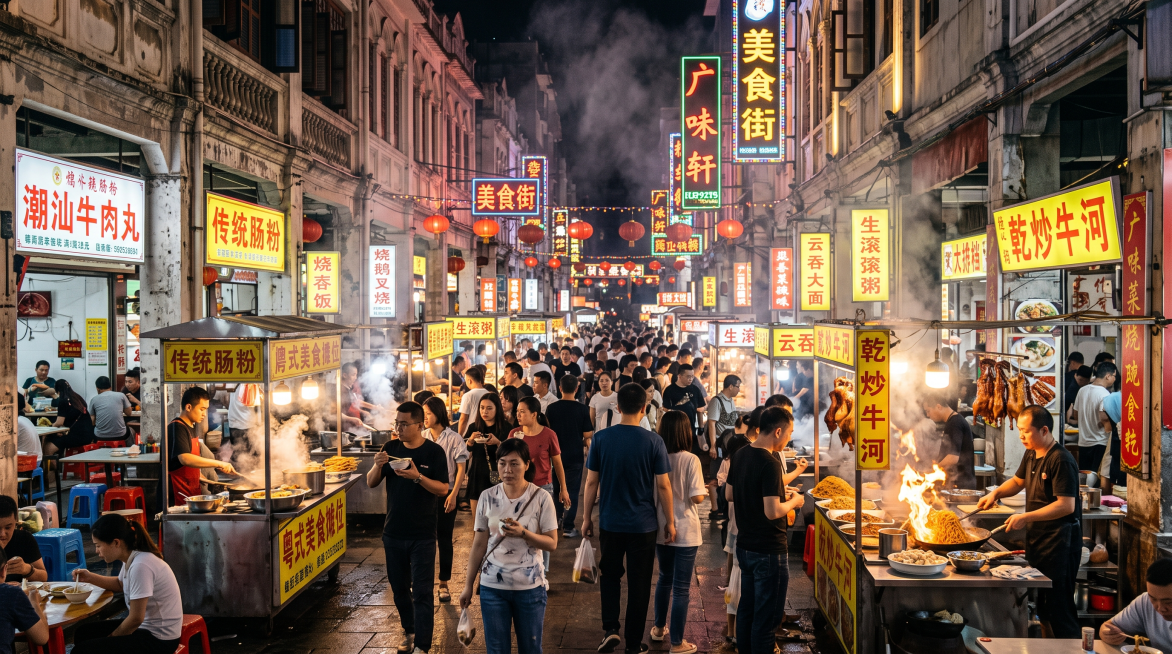 充满广东风格的美食大街，沿街摆放各类粤式美食摊位，骑楼建筑，烟火气十足，热闹的市井氛围预览效果