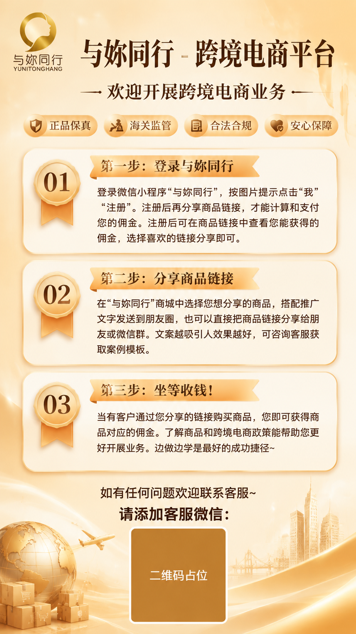 一张竖版9:16的跨境电商平台指引步骤宣传海报，暖金色调，整体… - 图片创意预览