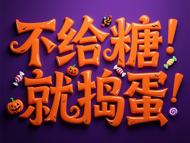 橙色软3D大字“不给糖！就捣蛋！”搭配南瓜与糖果，卡通风格浓郁，趣味十足，营造甜蜜又俏皮的万圣节氛围。