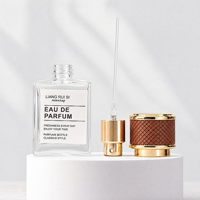 [主图-2] Disassembled square perfume bottle with leather cap display. [Atmosphere style] Advanced minimalist style, light bright tone. [Quality] Commercial photography texture, soft and transparent light, clear and real product, clean and advanced picture. [Elements] Keep the disassembled square glass perfume bottle, leather cap, screw nozzle appearance (physical structure, material texture, color) and placement position completely consistent with the input product image, eliminate any deformation and color difference, meticulous processing. The product主体占比严格控制在60%-80%之间, the products are placed in the center of the picture on the white display stand, the whole picture is full screen without border, the background is light bright and clean. Show all three parts of the product: high-quality clear glass bottle body, brown textured leather cap, metal screw spray nozzle, highlight the selling points of accessories. [Light and shadow] Soft natural window light, main light from the front, auxiliary light soft filling, transparent glass and metal produce soft refraction, leather presents delicate texture, light and shadow contrast comfortable, high light does not overflow, dark part has level. [Color matching] Main color light gray and white, auxiliary color is leather brown and gold metal accessories, the overall color is light and bright. [Perspective composition] Head-up perspective, products centered, clear focus, moderate depth of field. [Text layout] Keep the original English text on the bottle label, do not add other marketing text to meet Amazon cross-border platform requirements. [Proportional resolution] 1:1 ratio, 4k resolution, super HD. [Negative prompt] Deformation, watermark, text disorder, blurred product picture, messy background, Chinese characters that do not belong to the original, additional marketing information.
