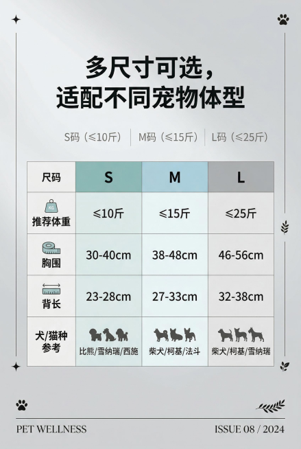 2:3竖版，杂志风精致排版，无产品展示，以可视化表格呈现尺寸信息。主标题：「多尺寸可选，适配不同宠物体型」，副标题：「S码（≤10斤）| M码（≤15斤）| L码（≤25斤）」，主标题居中无衬线字体，预览效果