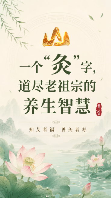 参考图片1中式养生风格设计，视频封面，标题文字“一个“灸”字，道尽老祖宗的养生智慧”居中放大放置，图片2的灵素山LOGO放在画面上方，画面下方添加小字“知艾者福  善灸者寿”，整体使用夏天清新淡雅的颜预览效果
