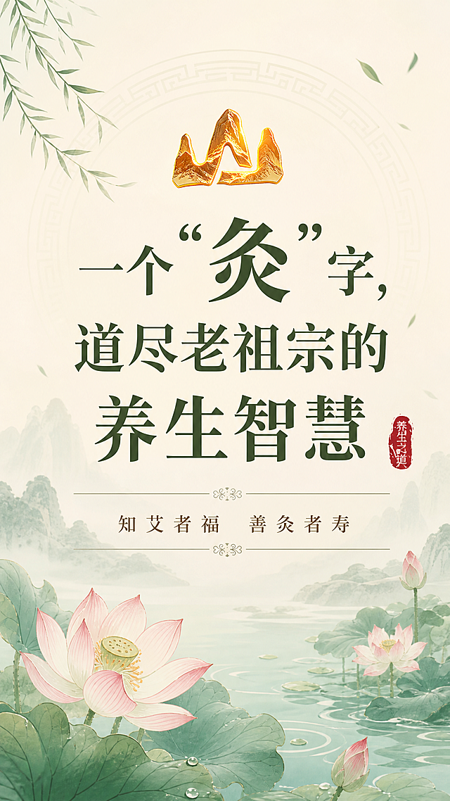 参考图片1中式养生风格设计，视频封面，标题文字“一个“灸”字，道尽老祖宗的养生智慧”居中放大放置，图片2的灵素山LOGO放在画面上方，画面下方添加小字“知艾者福  善灸者寿”，整体使用夏天清新淡雅的颜色，画面添加荷花元素装饰，整体中式国风，排版清晰简洁