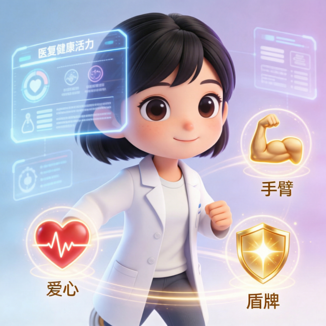 修复图片左上角发光面板中的文字，将错误的“医复健康活汭”修正为正确的“医复健康活力”，保留图片其他所有内容、文字、元素和原有3D卡通风格不变预览效果