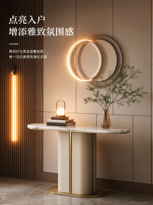 [第15屏] 场景氛围感页，展示搭配装饰台灯绿植效果，使用【图3】产品。暖光入户玄关场景，桌面上摆放台灯、绿植和书籍，营造温馨入户氛围。文案左上「点亮入户 增添雅致氛围感」。保持产品原有结构。3:4竖预览效果