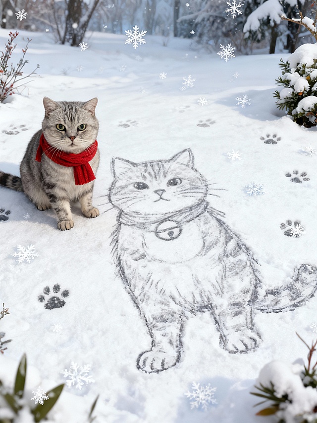 写实摄影风。画面主视觉是戴着红围巾的宠物与宠物画像合影。画像为写实风全身像，像用手指画在雪地上。宠物神态可爱，周围散落雪花、爪印、积雪植物装饰。