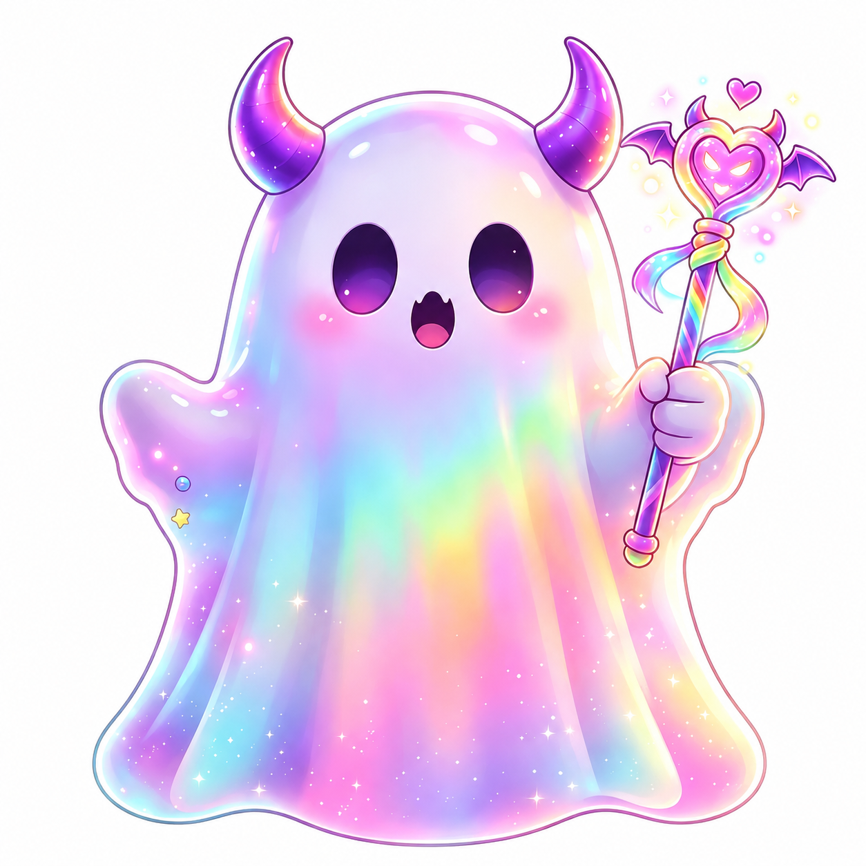 参考图中的可爱幽灵，身体角度朝向正前方，身体和头上的紫色恶魔角… - 图片创意预览