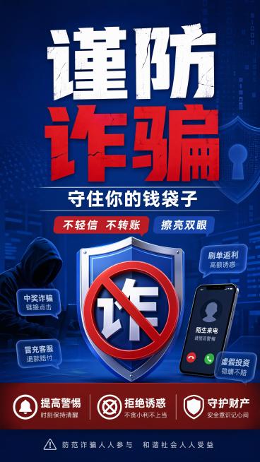 防诈骗公益宣传海报，写实商业风格，简洁醒目。主视觉为大标题居中，主标题"谨防诈骗"，副标题"守住你的钱袋子"，装饰文案"不轻信 不转账""擦亮双眼"，卖点标签分别为"提高警惕""拒绝诱惑""守护财产"预览效果