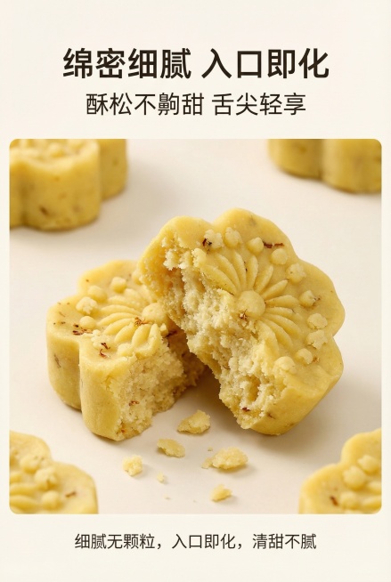 2:3竖屏，质感特写美食风，严格还原上传产品图的花型造型、颜色、桂花碎分布、质地质感等所有细节，产品尺寸比例保持1:1。画面中心为掰开的产品特写，展示内部绵密酥松的质地，周围点缀掉落的糕体碎屑，背景为预览效果