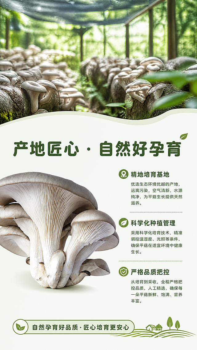 [第5屏] 本屏功能定义：新鲜平菇产地匠心培育展示。
[氛围/风格] 自然原生态，突出绿色健康种植环境，清新田园风，摄影质感。
[元素布局] 上半部分为虚化的食用菌培育基地实景图，下半部分左侧放置【图1】平菇主体，右侧为文字介绍区域，保持平菇外观颜色结构与原图一致。整体层次感强，突出产地自然优势。
[光影质感] 自然柔和日光效果，整体明亮清新，突出原生态健康氛围。
[配色色系] 全局底色：#F2F9F4（浅绿），上半部分基地绿色调，下半部分浅米白背景，文字沿用深绿+浅绿，保持风格统一。
[视角构图] 上下分构图，上产地背景，下半左产品右文字，视觉 flow 从上到下自然流畅。
[文字版式] 顶部标题「产地匠心 · 自然好孕育」，深绿色圆角黑体纯色填充。右侧正文介绍精选培育基地、科学化管控内容，分段排版，行距宽松。沿用首屏圆角黑体字形和纯色填充字效。
[比例分辨率] 9:16 竖版比例，4K分辨率，文字清晰可辨，超高清。
[负向提示词] 平菇变形，颜色偏差，文字模糊，排版混乱，水印，背景杂乱