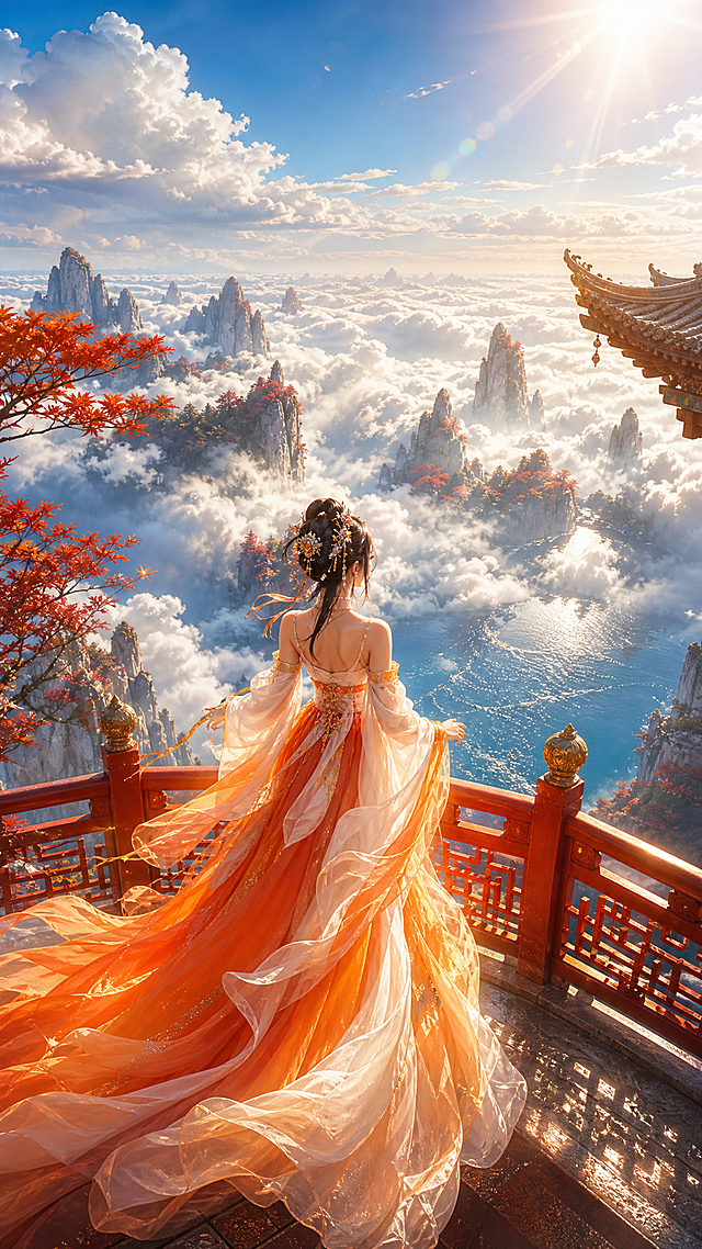 高角度俯瞰竖屏9:16开阔构图，前景中式观景台朱红雕花栏杆，右侧露出飞檐翘角中式建筑，左侧是红叶树木，橙白渐变长裙女子的背影站在观景台，橙白渐变纱质长裙随气流大幅飘动裙摆如火焰翻飞，长发盘起发饰细节清晰；中景云海之上奇峰怪石，山峰灰白色点缀红色植被，云海缓慢流动蓬松动态，在奇峰间翻涌，阳光穿过云层形成光束，下方蓝色海面湖泊波光粼粼，反射阳光云朵倒影；背景晴朗蓝天，阳光强烈带有镜头光晕，整体色调明亮，橙白长裙对比蓝天云海，明亮日光从右侧照射，地面衣料云海形成清晰光影，整体色调偏暖，营造俯瞰三界云海恢弘史诗氛围感。UE5电影级渲染，竖屏9:16，8K超清，60fps，HDR，电影级景深，动态模糊，国风仙侠史诗氛围，无畸形结构，无西方元素，画面干净通透