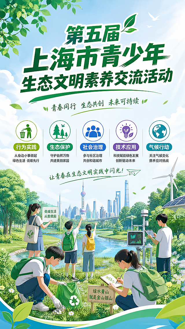 第五届上海市青少年生态文明素养交流活动竖版海报，主标题为"第五届上海市青少年生态文明素养交流活动"，画面融入绿色自然生态元素，如绿树、草地、河流，整体风格青春环保，包含五个主题维度：行为实践、生态保护、社会治理、技术应用与气候行动，体现青少年参与感，积极清新色调