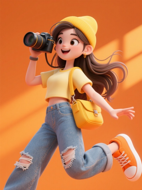 3D风格卡通人物，年轻女性形象，超写实风格，长发飘逸，头戴黄色帽子，身着浅黄上衣、破洞牛仔裤、橙色运动鞋，肩背黄色挎包，单手持相机，整体造型时尚休闲，充满活力，背景为橙色，人物动作夸张，展现青春活力，预览效果