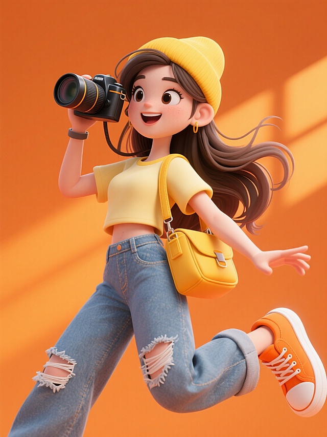 3D风格卡通人物，年轻女性形象，超写实风格，长发飘逸，头戴黄色帽子，身着浅黄上衣、破洞牛仔裤、橙色运动鞋，肩背黄色挎包，单手持相机，整体造型时尚休闲，充满活力，背景为橙色，人物动作夸张，展现青春活力，透视感强，画面富有动感