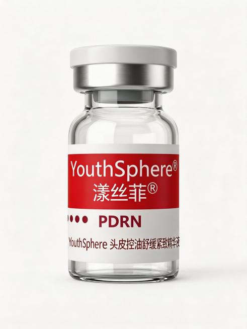 将这个玻璃瓶的瓶标替换为参考图中的内容，保留玻璃瓶原本的瓶身形状、瓶盖和白色背景，只替换标签文字和配色，新瓶标内容为：上方红色背景区域带白色文字"YouthSphere® 漾丝菲®"，下方白色区域带深预览效果